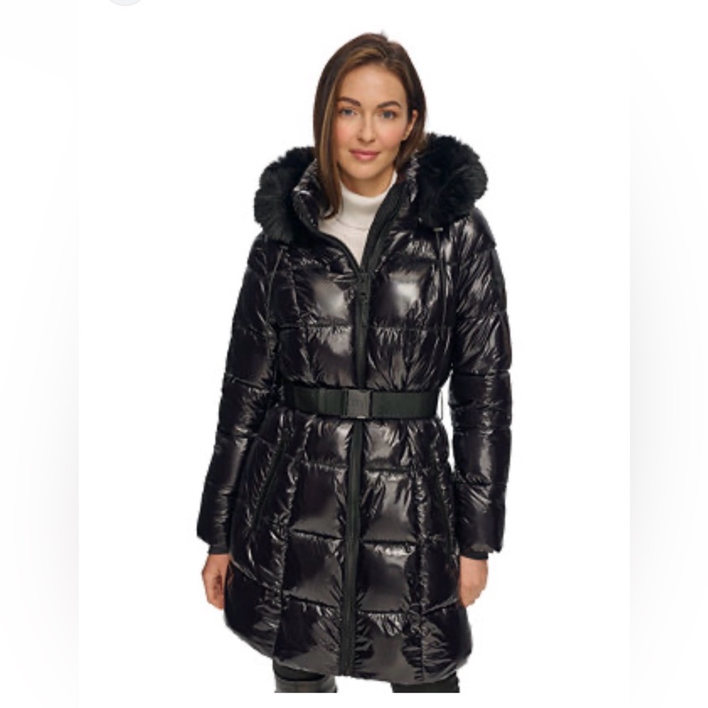 DKNY Shiny Black Puffer Jacket with Faux Fur Hood